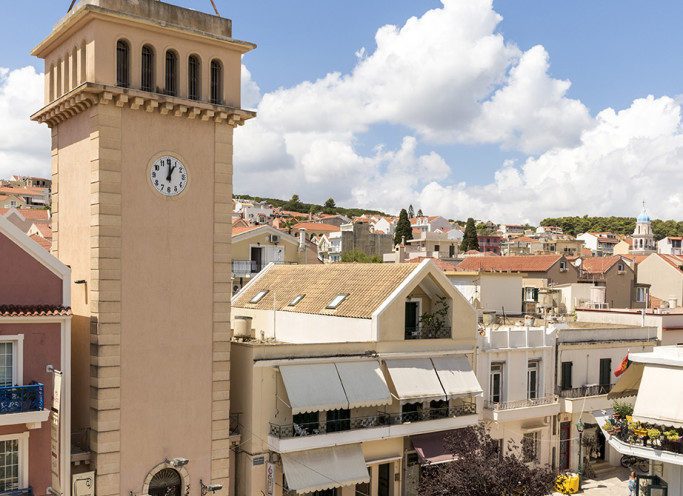 The clock tower of Campana Square in Argostoli, Kefalonia.